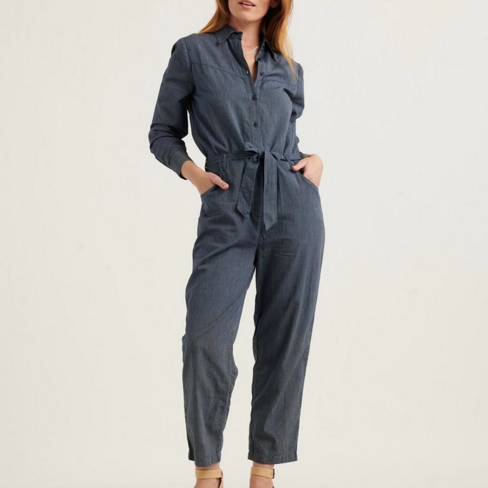Lucky Brand Blue Logan Stripe Button Front Long Sleeve Jumpsuit Size Small NWT